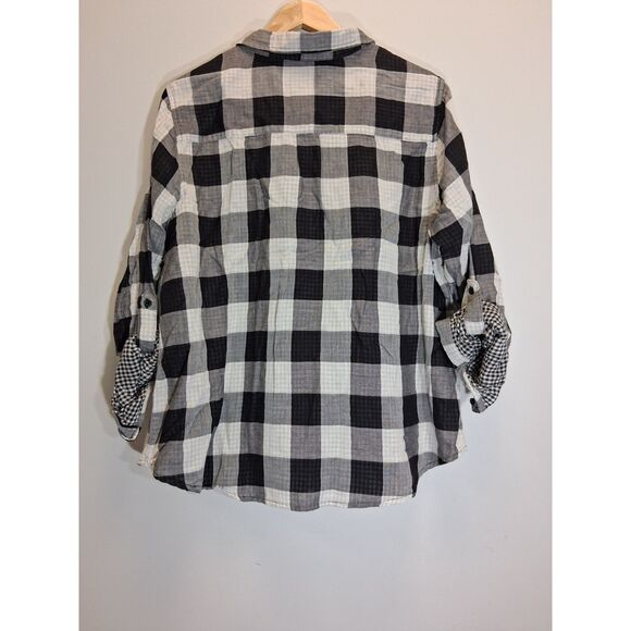 womens 1X Laura Scott blouse black white plaid gauzy cotton roll tab collared - Picture 5 of 9